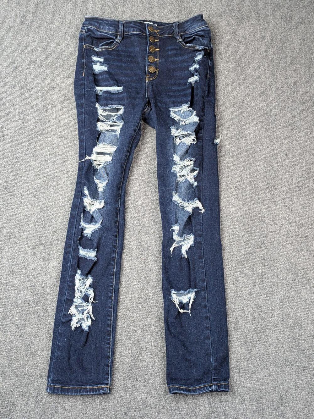 Rue21 Jeans Juniors 4 Blue Dark Distressed Skinny Button Fly Stretch Thrashed